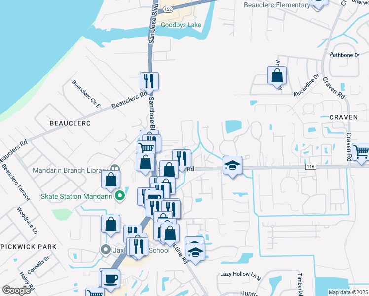 map of restaurants, bars, coffee shops, grocery stores, and more near 9439 San Jose Boulevard in Jacksonville