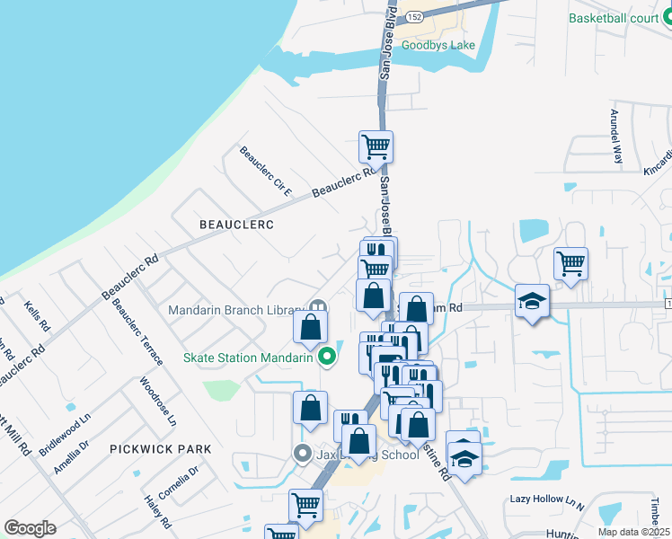 map of restaurants, bars, coffee shops, grocery stores, and more near 3595 Cardinal Point Drive in Jacksonville