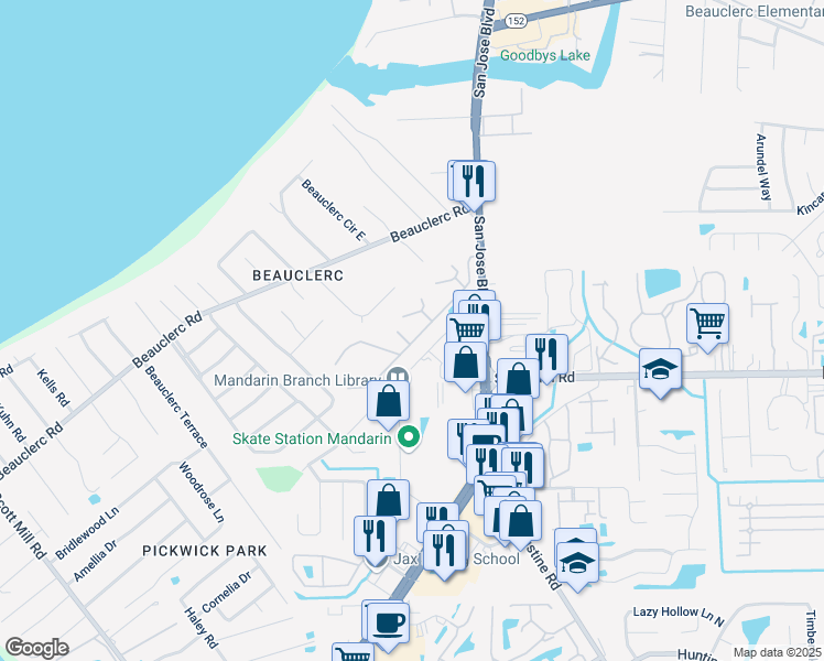map of restaurants, bars, coffee shops, grocery stores, and more near 3595 Cardinal Point Drive in Jacksonville