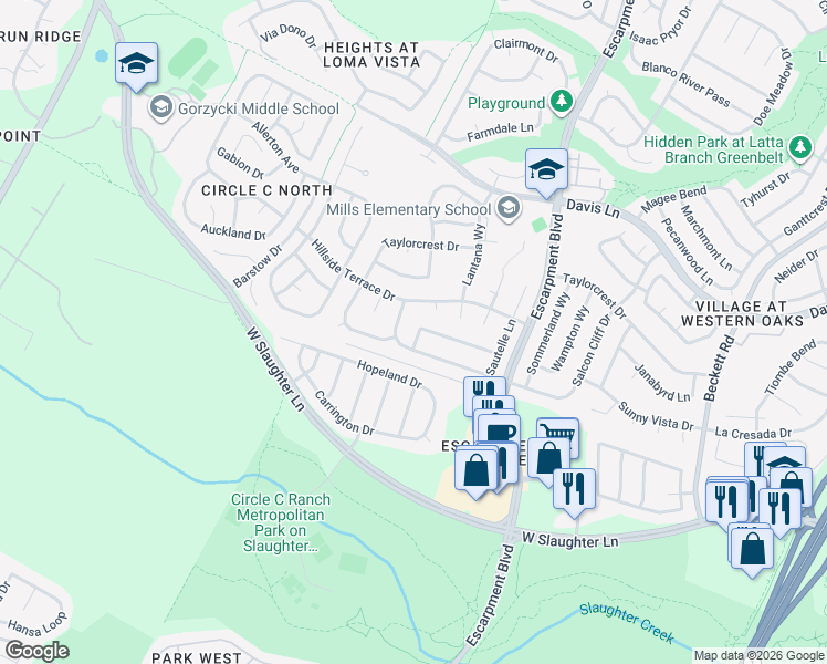 map of restaurants, bars, coffee shops, grocery stores, and more near 6310 Salcon Cliff Drive in Austin