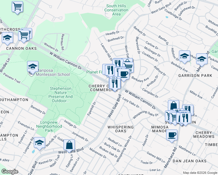 map of restaurants, bars, coffee shops, grocery stores, and more near 2809 West William Cannon Drive in Austin