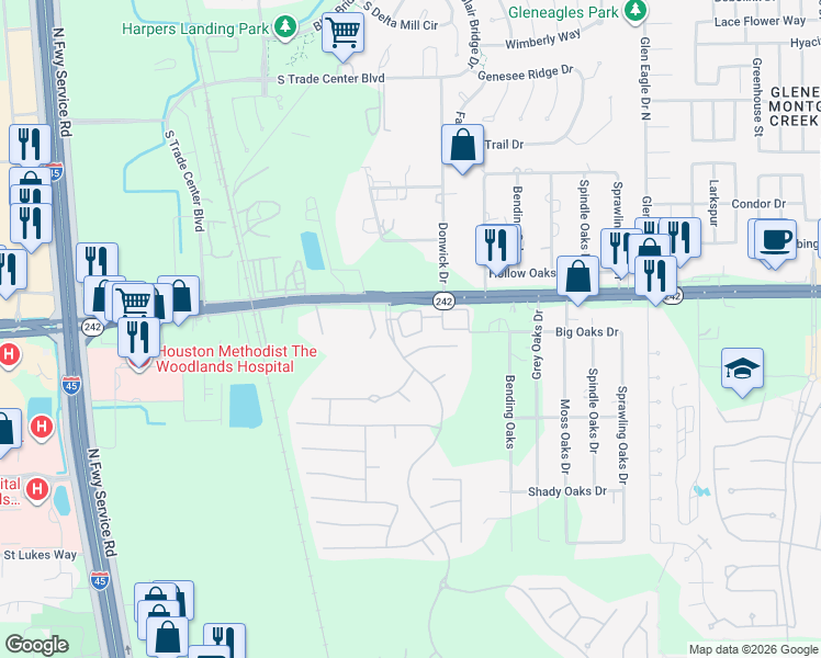 map of restaurants, bars, coffee shops, grocery stores, and more near 17011 Harper's Way in Conroe