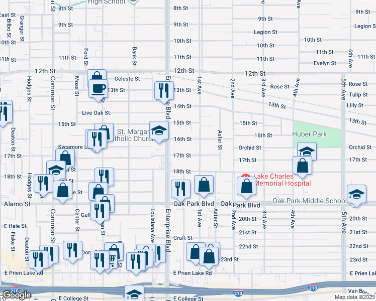 map of restaurants, bars, coffee shops, grocery stores, and more near 1221 17th St in Lake Charles