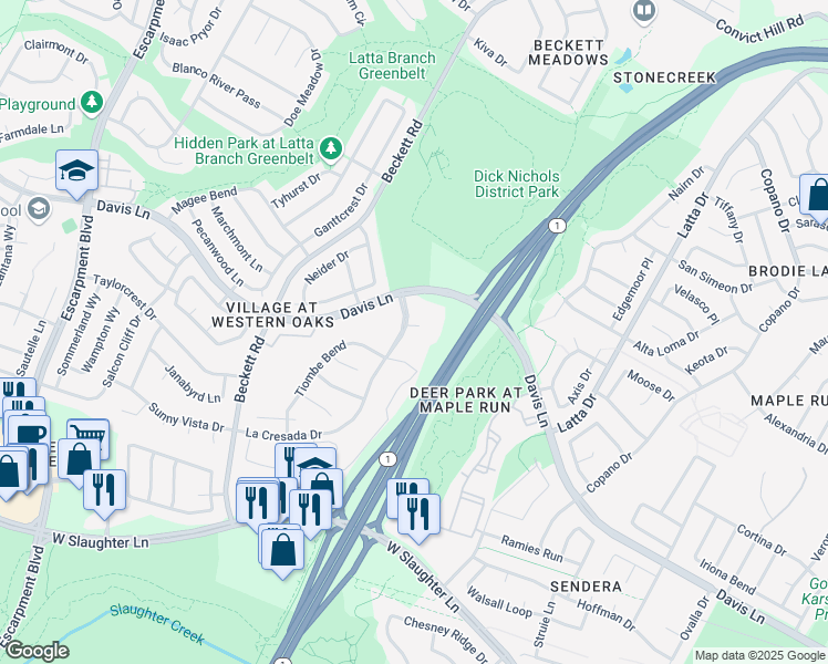 map of restaurants, bars, coffee shops, grocery stores, and more near 8701 La Cresada Drive in Austin