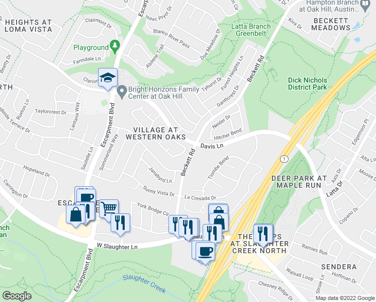 map of restaurants, bars, coffee shops, grocery stores, and more near 5700 Lomita Verde Circle in Austin