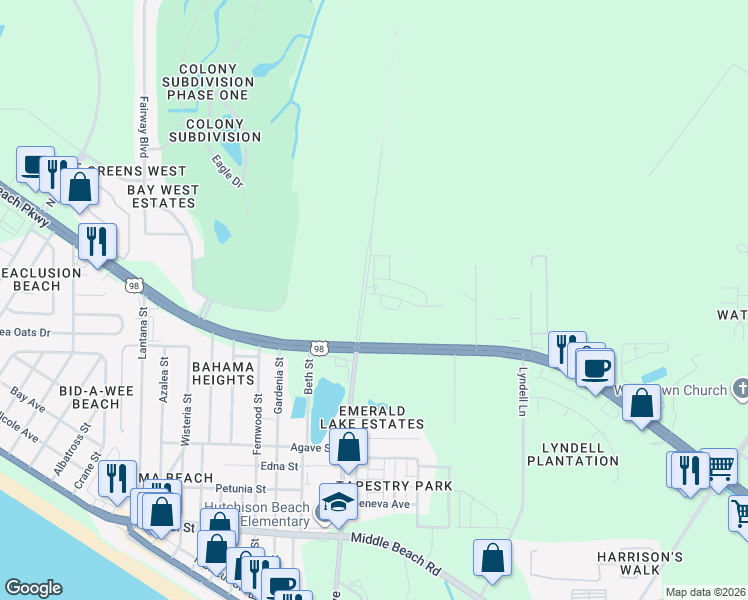 map of restaurants, bars, coffee shops, grocery stores, and more near 900 Clara Avenue in Panama City Beach