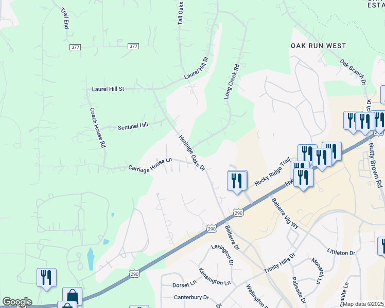 map of restaurants, bars, coffee shops, grocery stores, and more near 50 Heritage Oaks Drive in Austin