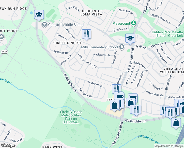 map of restaurants, bars, coffee shops, grocery stores, and more near 9408 La Puente Drive in Austin