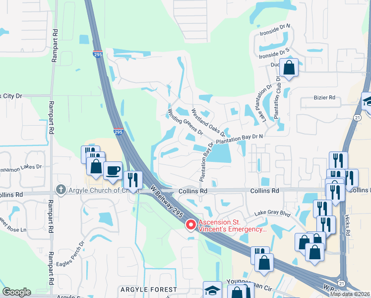 map of restaurants, bars, coffee shops, grocery stores, and more near 6481 Pemberley Lane in Jacksonville