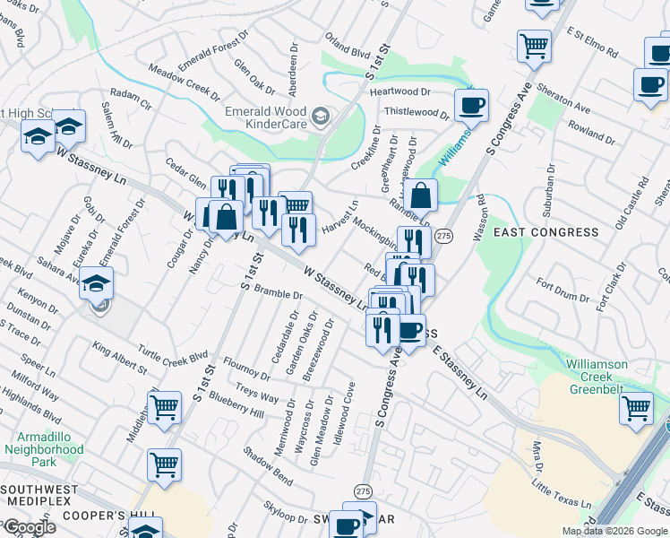 map of restaurants, bars, coffee shops, grocery stores, and more near 308 West Stassney Lane in Austin