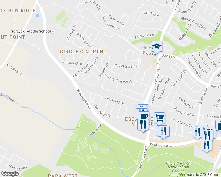 map of restaurants, bars, coffee shops, grocery stores, and more near 9408 La Puente Drive in Austin