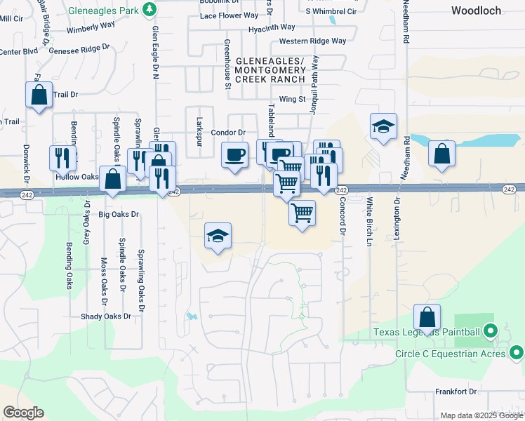 map of restaurants, bars, coffee shops, grocery stores, and more near 17117 Harper's Trace in Conroe