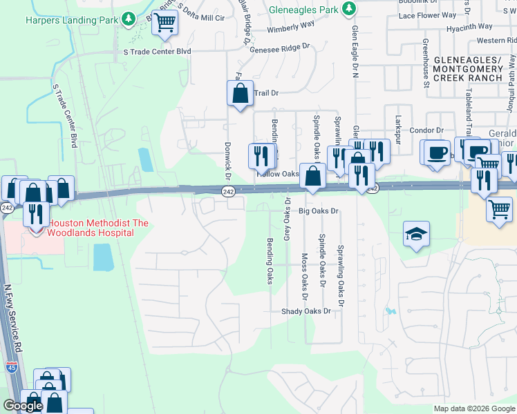 map of restaurants, bars, coffee shops, grocery stores, and more near 6321 Big Oaks Drive in Conroe