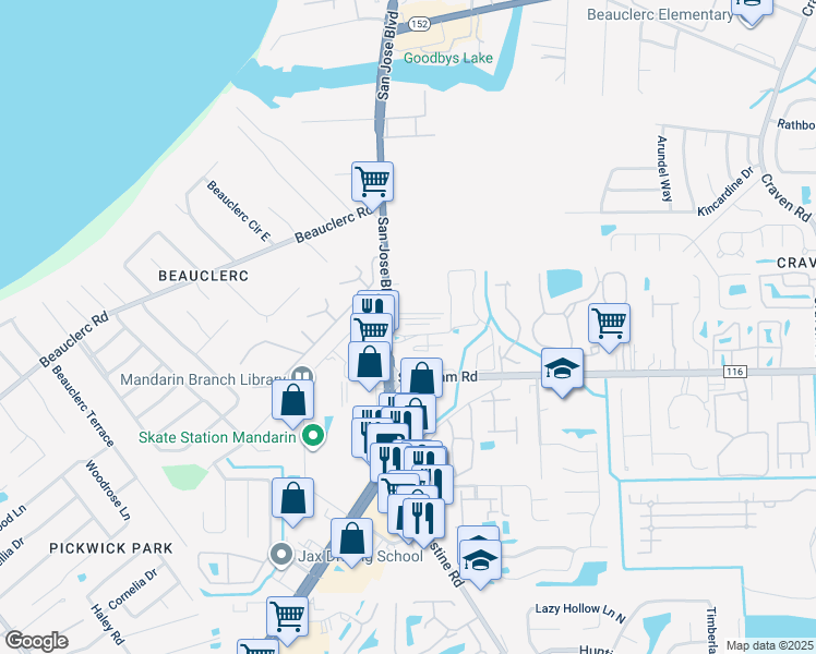 map of restaurants, bars, coffee shops, grocery stores, and more near 3810 Williamsburg Park Boulevard in Jacksonville