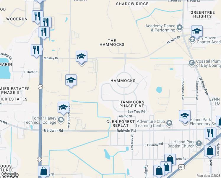 map of restaurants, bars, coffee shops, grocery stores, and more near 3408 Jasmine Trace Lane in Lynn Haven