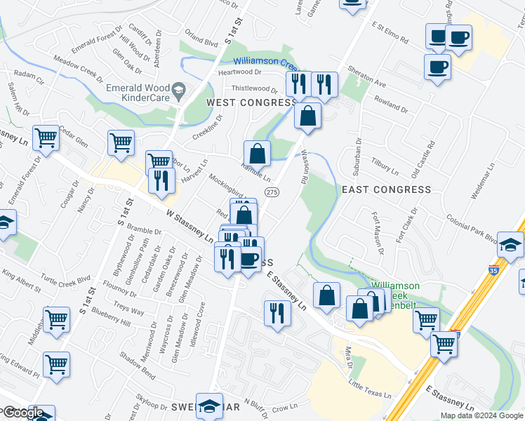 map of restaurants, bars, coffee shops, grocery stores, and more near South Congress Avenue & West Mockingbird Lane in Austin