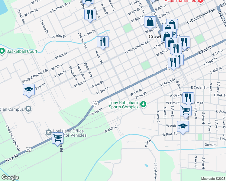 map of restaurants, bars, coffee shops, grocery stores, and more near 901-999 West 2nd Street in Crowley