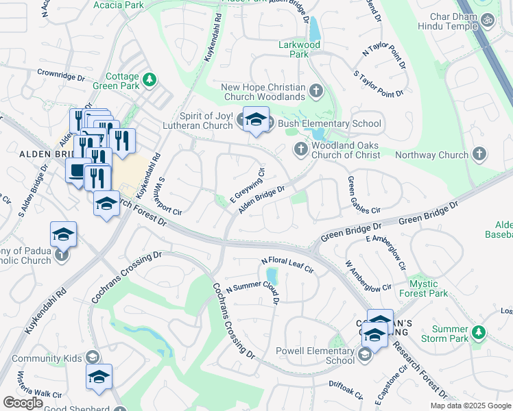 map of restaurants, bars, coffee shops, grocery stores, and more near 8 Churchdale Place in The Woodlands