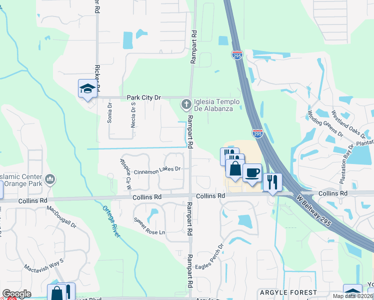 map of restaurants, bars, coffee shops, grocery stores, and more near 7753 Pepper Circle East in Jacksonville
