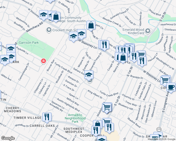 map of restaurants, bars, coffee shops, grocery stores, and more near 6001 Emerald Forest Drive in Austin
