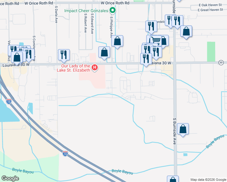 map of restaurants, bars, coffee shops, grocery stores, and more near 915 West Elrem Street in Gonzales