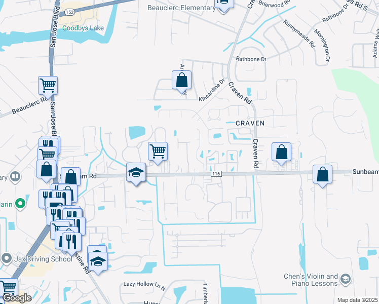map of restaurants, bars, coffee shops, grocery stores, and more near 9421 Osprey Branch Trail in Jacksonville