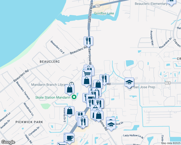 map of restaurants, bars, coffee shops, grocery stores, and more near 9439 San Jose Boulevard in Jacksonville