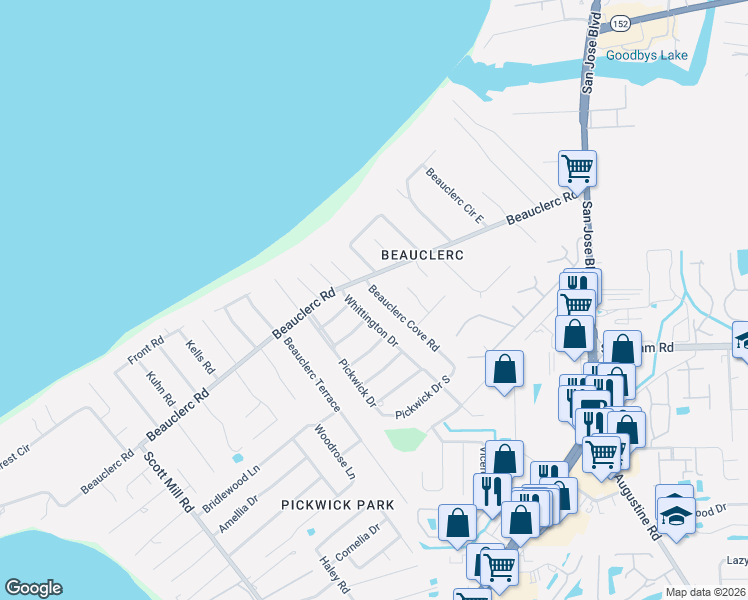 map of restaurants, bars, coffee shops, grocery stores, and more near 9441 Whittington Drive in Jacksonville
