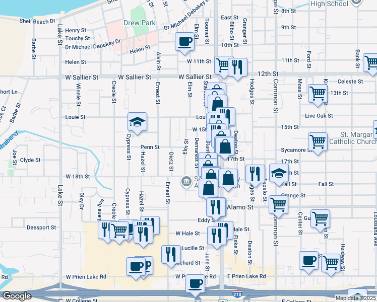 map of restaurants, bars, coffee shops, grocery stores, and more near 2512 Elms St in Lake Charles