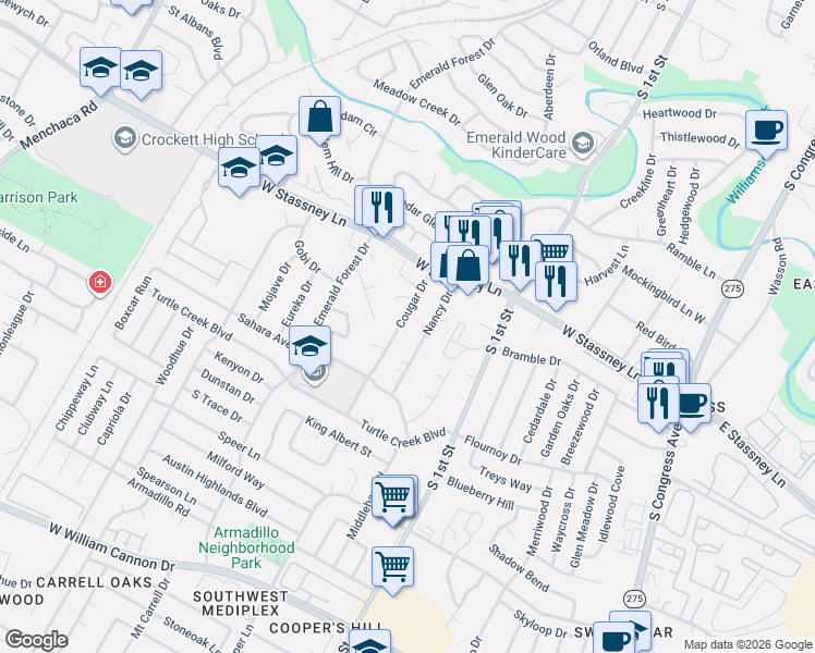 map of restaurants, bars, coffee shops, grocery stores, and more near 5711 Nancy Drive in Austin