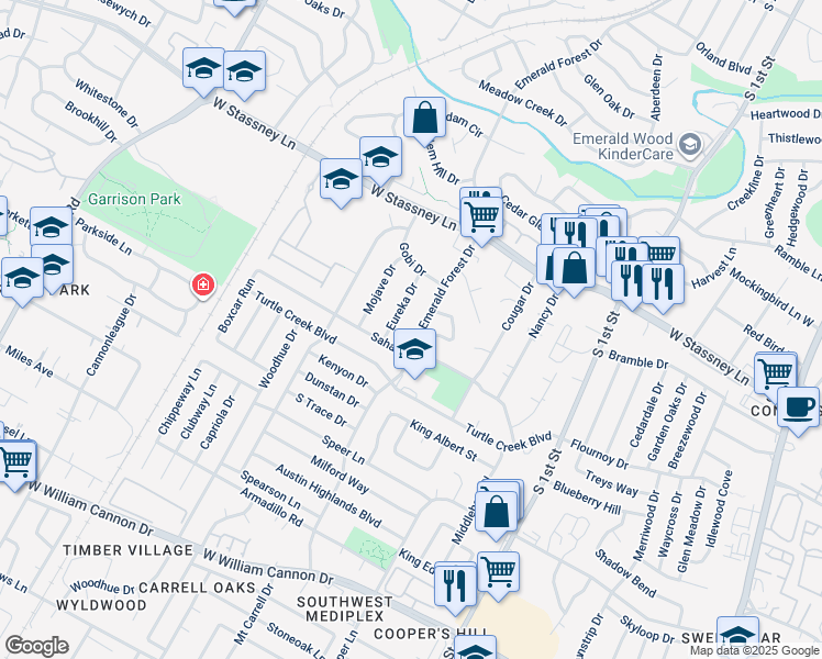 map of restaurants, bars, coffee shops, grocery stores, and more near 6001 Emerald Forest Drive in Austin