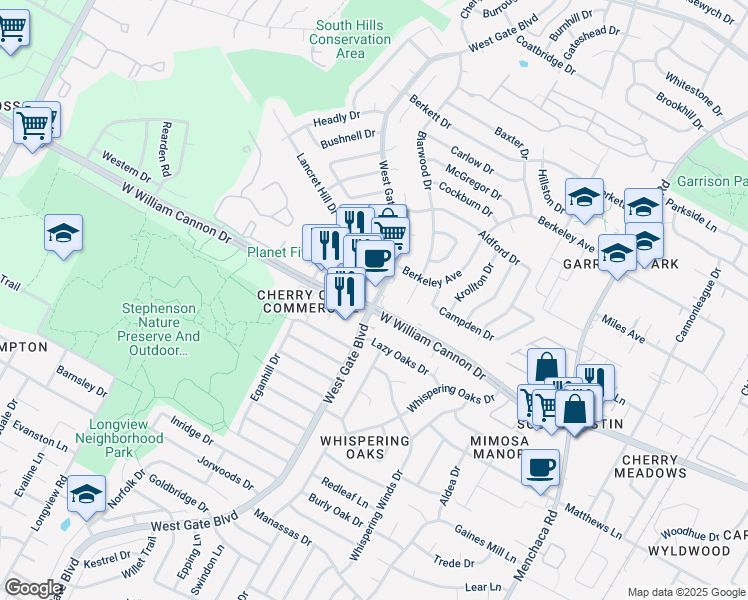 map of restaurants, bars, coffee shops, grocery stores, and more near in Austin
