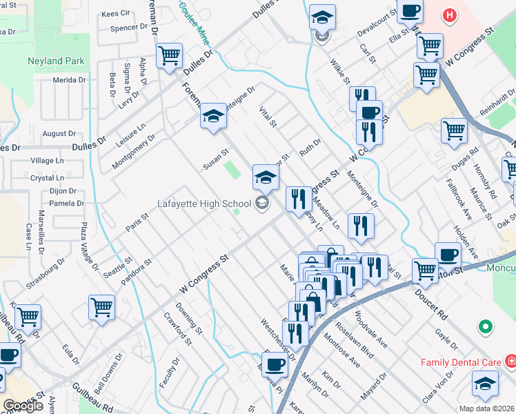 map of restaurants, bars, coffee shops, grocery stores, and more near 3000 West Congress Street in Lafayette