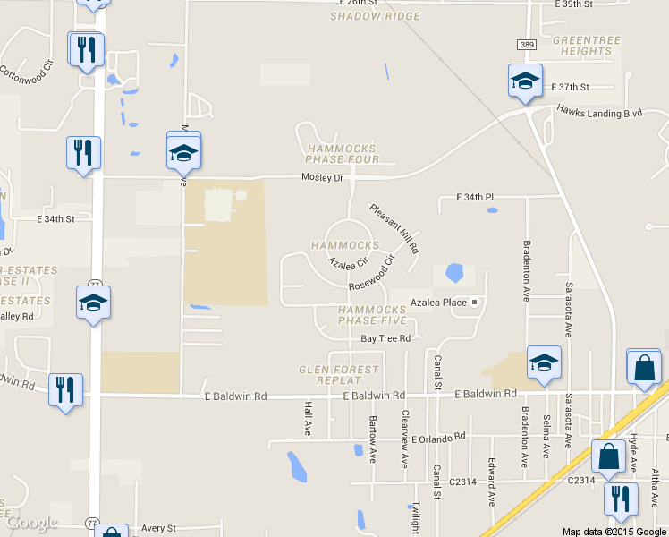 map of restaurants, bars, coffee shops, grocery stores, and more near 3305 Azalea Circle in Lynn Haven