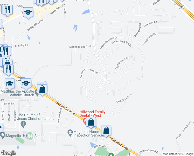 map of restaurants, bars, coffee shops, grocery stores, and more near 114 Piney Pathway in Magnolia