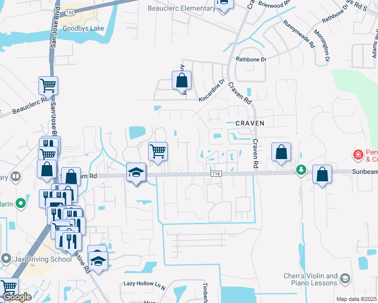 map of restaurants, bars, coffee shops, grocery stores, and more near 9421 Osprey Branch Trail in Jacksonville