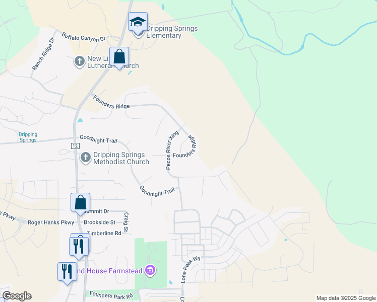 map of restaurants, bars, coffee shops, grocery stores, and more near 853 Founders Ridge in Dripping Springs