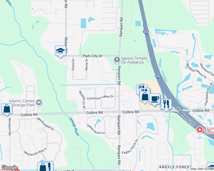 map of restaurants, bars, coffee shops, grocery stores, and more near 7713 Pepper Circle West in Jacksonville
