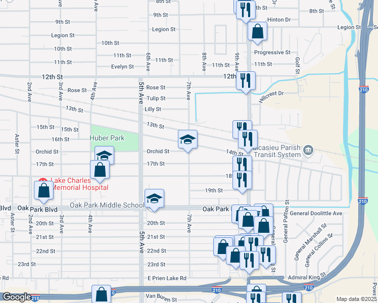 map of restaurants, bars, coffee shops, grocery stores, and more near 2501 7th Avenue in Lake Charles
