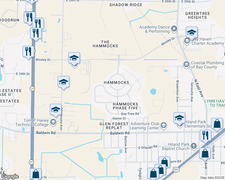 map of restaurants, bars, coffee shops, grocery stores, and more near 3305 Azalea Circle in Lynn Haven