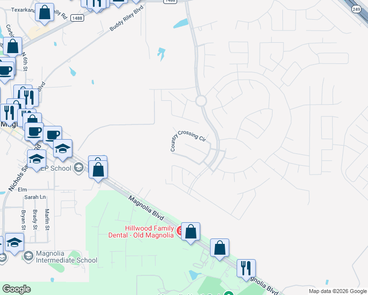 map of restaurants, bars, coffee shops, grocery stores, and more near 151 Piney Pathway in Magnolia