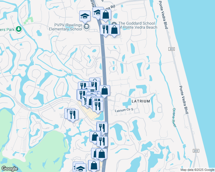 map of restaurants, bars, coffee shops, grocery stores, and more near 2419 Brittany Court in Ponte Vedra Beach