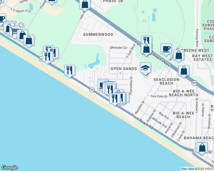 map of restaurants, bars, coffee shops, grocery stores, and more near 14700 Front Beach Road in Panama City Beach