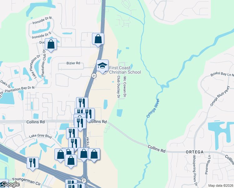 map of restaurants, bars, coffee shops, grocery stores, and more near 7802 Club Duclay Drive in Jacksonville