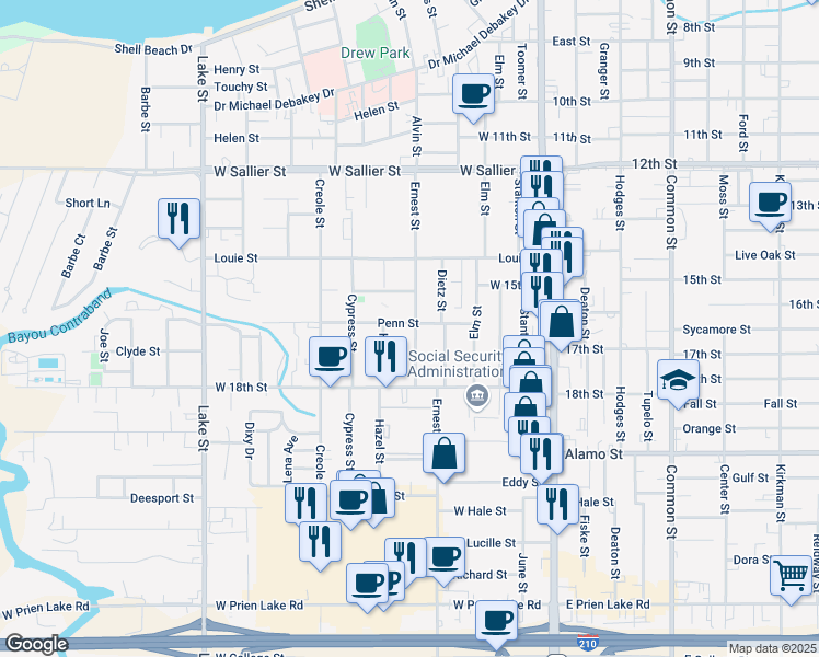 map of restaurants, bars, coffee shops, grocery stores, and more near 2517 Hazel Street in Lake Charles