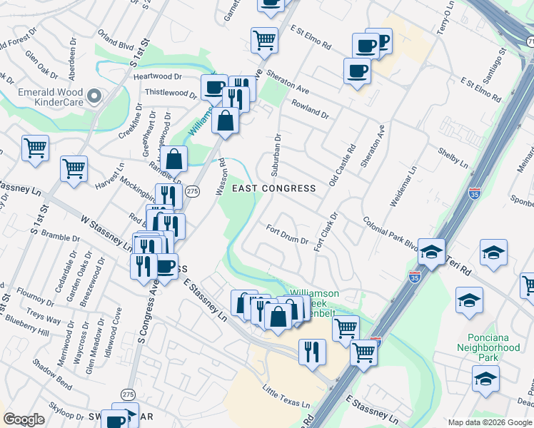 map of restaurants, bars, coffee shops, grocery stores, and more near 402 Fort Drum Drive in Austin