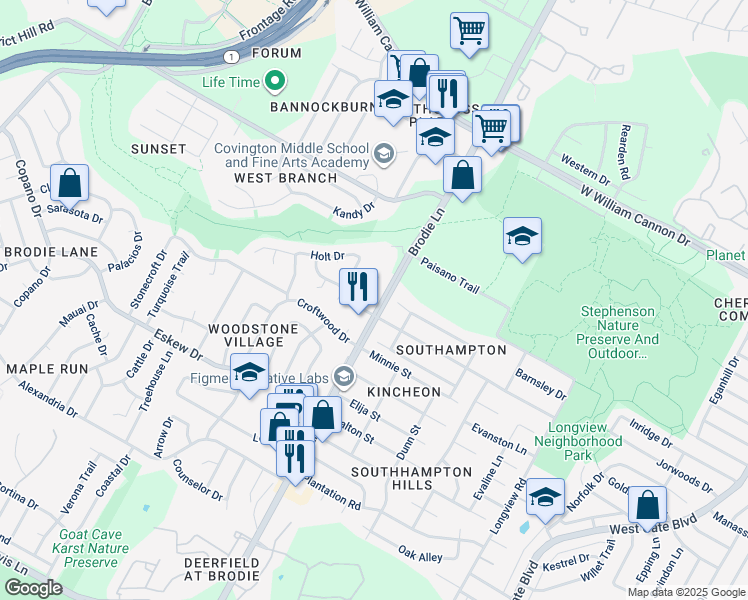 map of restaurants, bars, coffee shops, grocery stores, and more near 3418 Harpers Ferry Lane in Austin