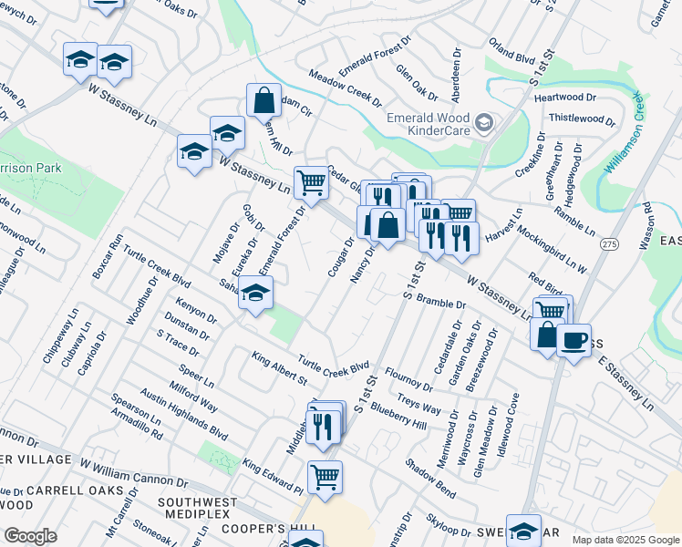 map of restaurants, bars, coffee shops, grocery stores, and more near 5711 Nancy Drive in Austin