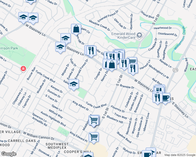 map of restaurants, bars, coffee shops, grocery stores, and more near 5711 Nancy Drive in Austin