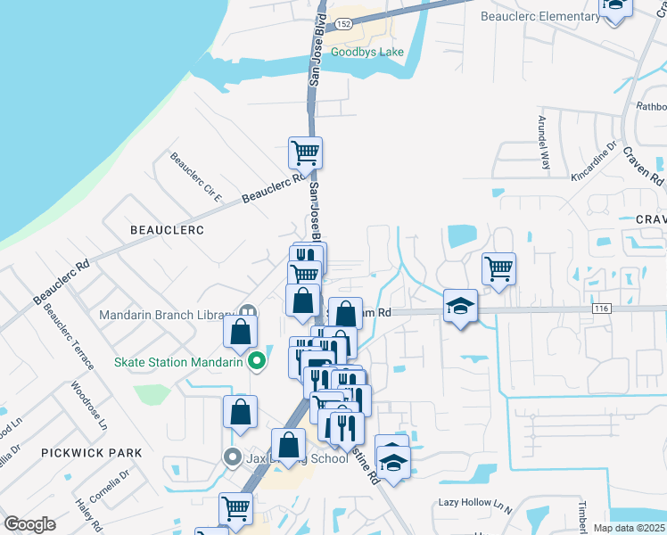 map of restaurants, bars, coffee shops, grocery stores, and more near 3810 Williamsburg Park Boulevard in Jacksonville